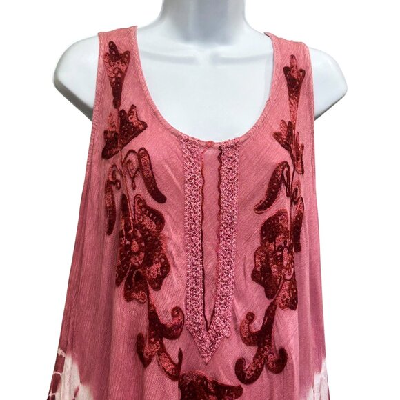 Pink White Tie Dye Intricate Embroidery Handkerchief Hem Resort Wear Dress Sz OS - Picture 2 of 6